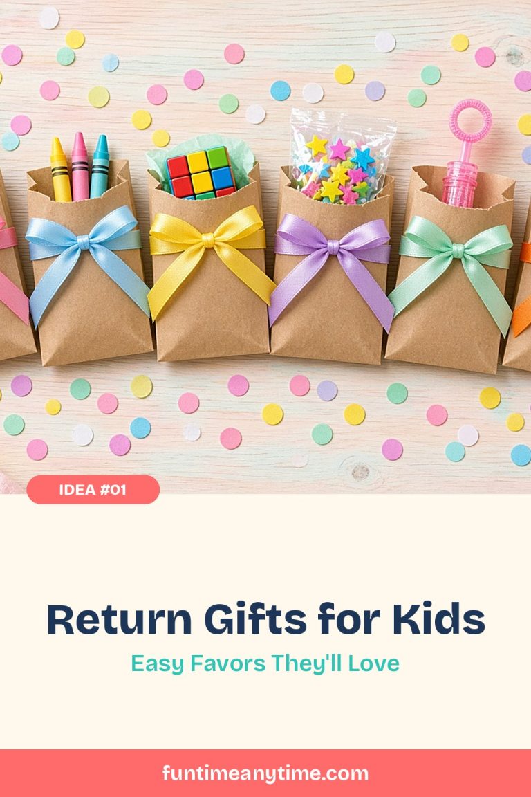 Best Return Gifts for Kids – photo of kraft paper favor bags tied with pastel ribbons, filled with crayons, a puzzle cube, star candy and a bubble wand with the text 'Return Gifts for Kids: Easy Favors They'll Love'