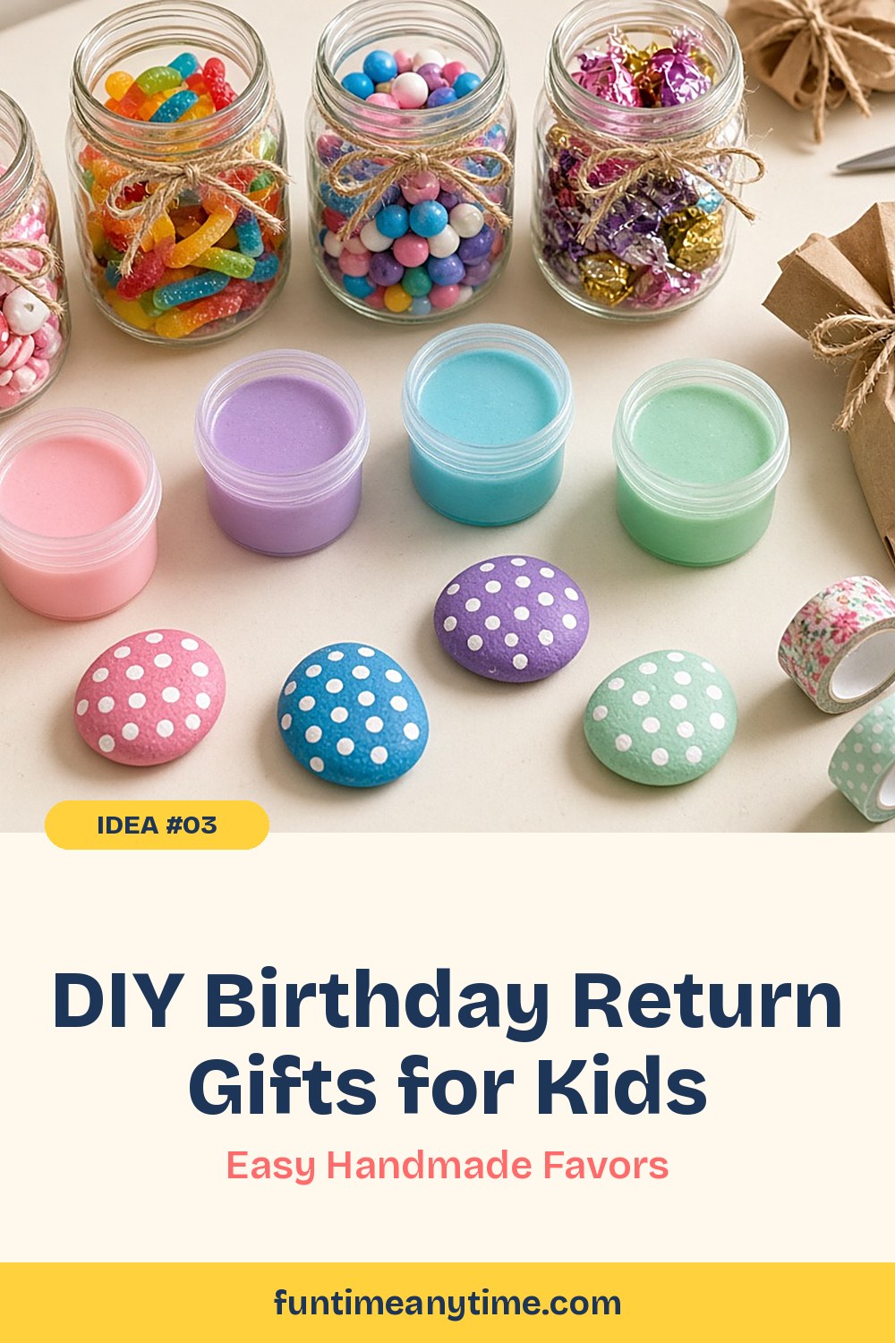 DIY Birthday Return Gifts for Kids – photo of homemade candy jars, pastel play dough tubs and polka-dot painted rocks with the text 'DIY Birthday Return Gifts for Kids: Easy Handmade Favors'
