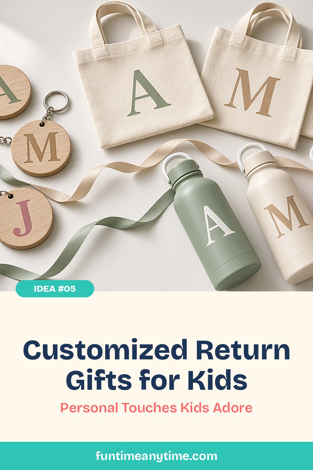 Customized Return Gifts for Kids – photo of initial-printed canvas tote bags, water bottles and wooden keychains with the text 'Customized Return Gifts for Kids: Personal Touches Kids Adore'