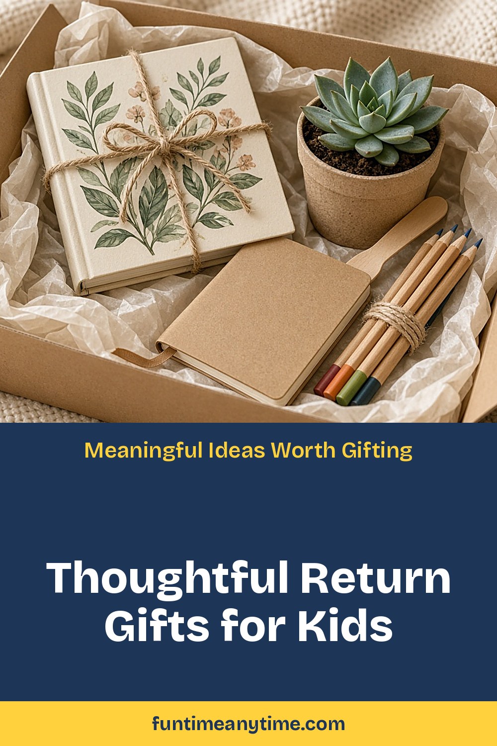 Thoughtful Return Gifts for Kids – photo of a gift box with a botanical notebook, a succulent, a kraft journal and pencils with the text 'Thoughtful Return Gifts for Kids: Meaningful Ideas Worth Gifting'