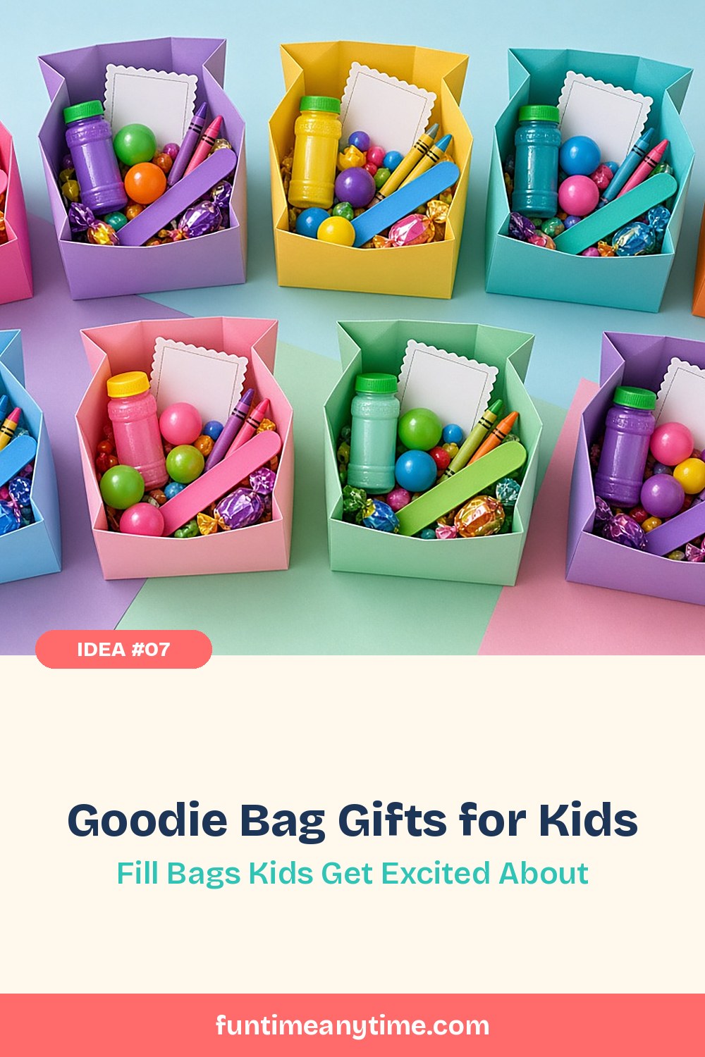 Goodie Bag Gifts for Kids – photo of pastel paper goodie boxes filled with bubbles, crayons, bouncy balls and treats with the text 'Goodie Bag Gifts for Kids: Fill Bags Kids Get Excited About'