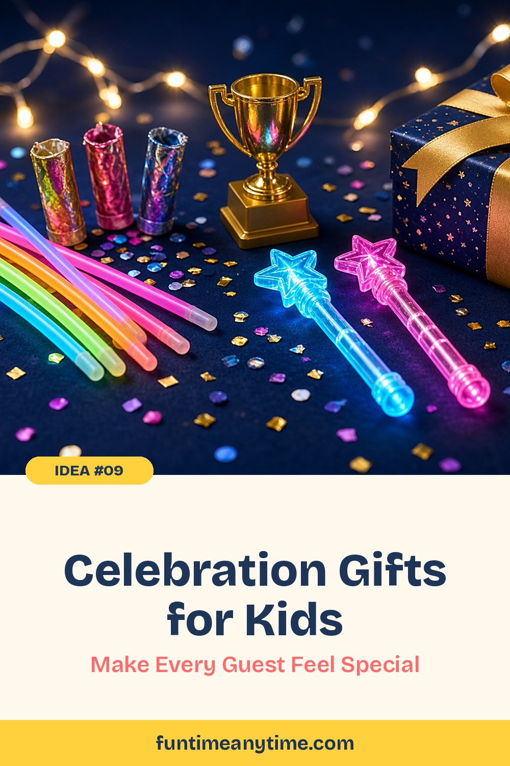 Celebration Gifts for Kids – photo of glow sticks, light-up star wands, a gold trophy and a wrapped gift on a starry table with the text 'Celebration Gifts for Kids: Make Every Guest Feel Special'