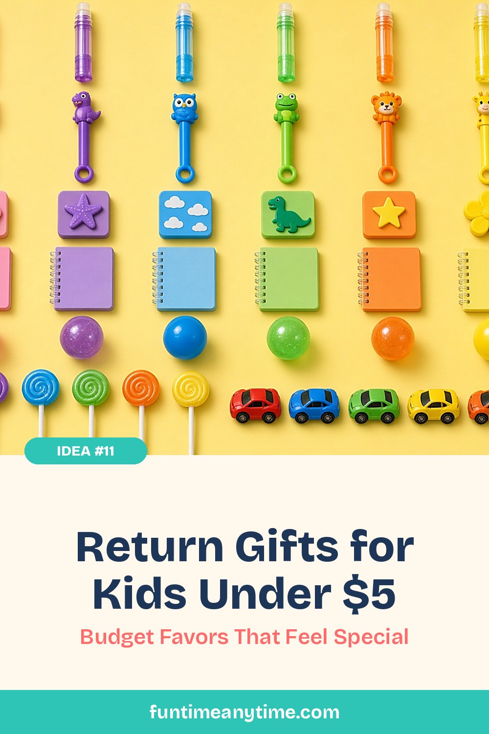 Return Gifts for Kids Under $5 – photo of rows of budget party favors: bubble tubes, animal pencil toppers, erasers, mini notebooks, bouncy balls, lollipops and toy cars with the text 'Return Gifts for Kids Under $5: Budget Favors That Feel Special'