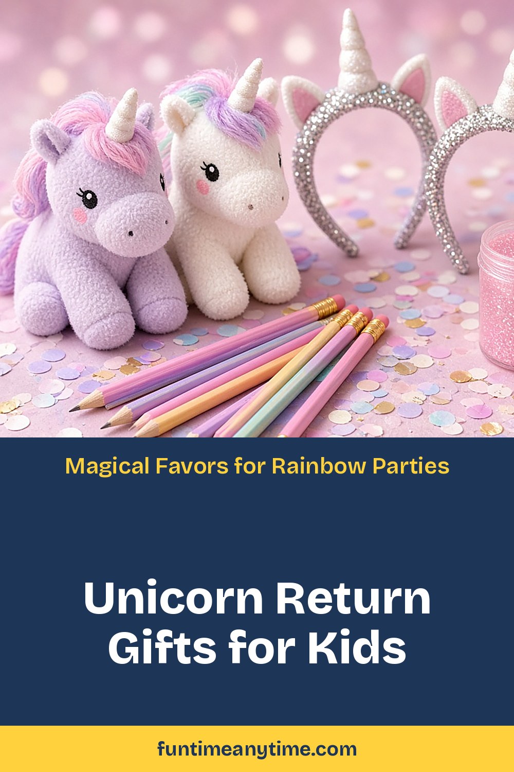 Unicorn Return Gifts for Kids – photo of unicorn plush toys, sparkly unicorn headbands, pastel pencils and glitter jars with the text 'Unicorn Return Gifts for Kids: Magical Favors for Rainbow Parties'